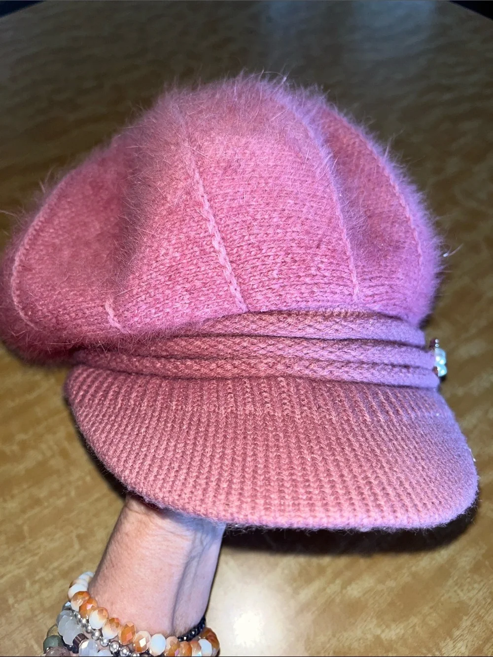 Source Unknown Pink Angora Newsboy Cap with Pearl Embellishment